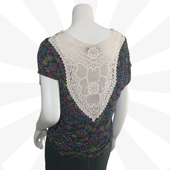 Annabelle Multicolor Scoop Neck Short Sleeve Top Size L Bohemian Crochet Accent - Picture 3 of 7